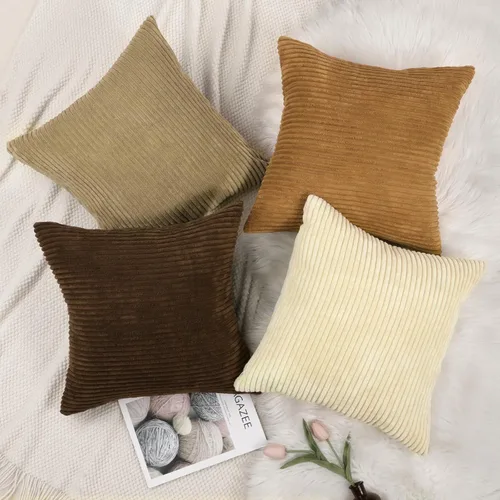 Miniatura 8 de Lewondr - Fundas de almohada de pana, juego de 4 fundas cuadradas de 22x22 pulgadas, con diseños a rayas modernas, para sofá, sala de estar, Marrón