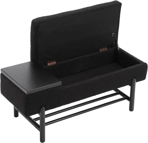 Miniatura 6 de ROCITY Banco de almacenamiento moderno negro con asiento de cojín y patas de madera, 46.5 x 19.25 x 16 pulgadas Lana de cordero negra