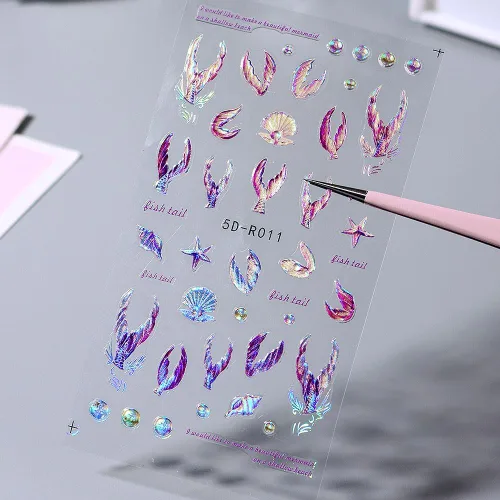 Miniatura 3 de Calcomanías de uñas de cola de sirena de ensueño 5D, calcomanías de uñas de verano 5D en relieve láser de sirena, calcomanías de arte de uñas de ola