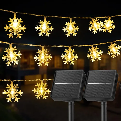 Brightown Guirnalda de luces solares de copo de nieve de Navidad, paquete de 2 unidades, 100 luces LED de 78 pies para exteriores, impermeables, con