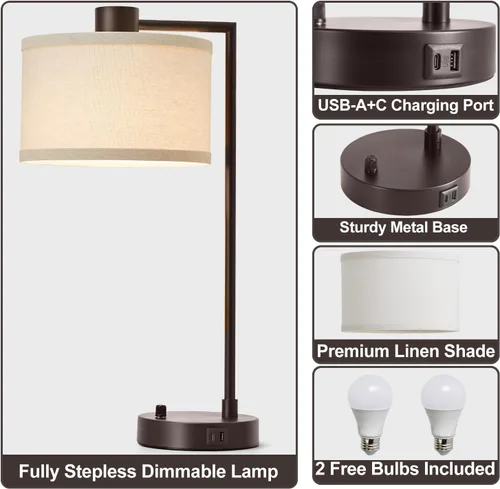 Miniatura 2 de Luvkczc Lámpara de Mesa para Dormitorio Juego de 2 con Puertos USB C+A - Lámpara de Noche Totalmente Regulable Sin Escalones con Pantalla de Lino