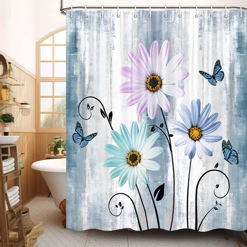 Miniatura 20 de JAWO Cortina de ducha con diseño floral de margaritas azules, cortina de ducha rústica de granja y mariposa en el campo, juego de cortinas de ducha