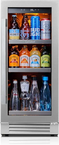 Ca'Lefort Refrigerador de bebidas de 15 pulgadas, refrigerador de bebidas de 100 latas con puerta de vidrio, 3 luces LED de color, 34°F-54°F