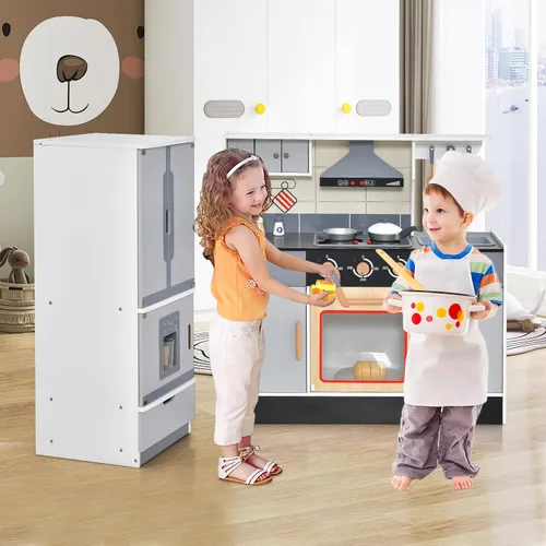 Miniatura 7 de Costzon Cocina de juego de 2 piezas, juego de cocina de juguete de madera con refrigerador, máquina de hielo, campana extractora, horno