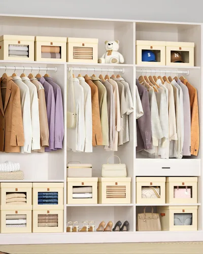 Miniatura 3 de Homsorout Contenedores de almacenamiento con tapa, organizador de armario con apertura lateral y ventana transparente, cesta plegable de tela Beige