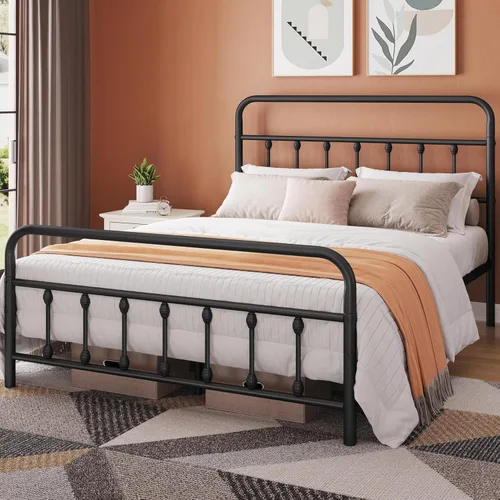 Miniatura 3 de Topeakmart Marco de cama de metal de estilo victoriano tamaño matrimonial con cabecero, base de colchón, no necesita somier, almacenamiento debajo