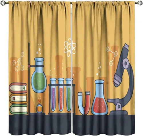Miniatura 44 de Cortinas opacas para ventanas de ciencia para niños, lupa de libro de laboratorio de ciencia, lupa, frascos moleculares, cortinas impresas