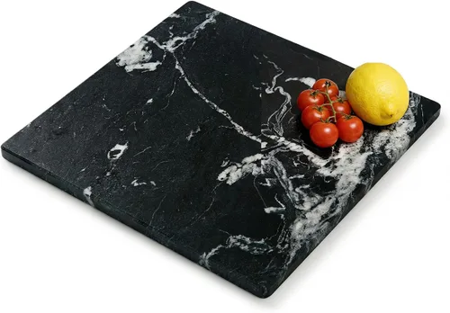 Diflart Tabla de cortar de piedra de mármol natural para cocina, 16x16 pulgadas, negra, tabla de mármol grande para repostería con pies