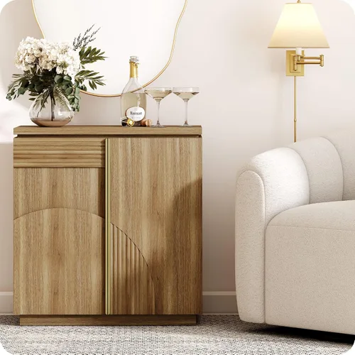 Miniatura 9 de BELLEZE - Gabinete de aparador de 31 pulgadas de estilo moderno de mediados de siglo, gabinete de buffet con arco de madera y almacenamiento, mesa