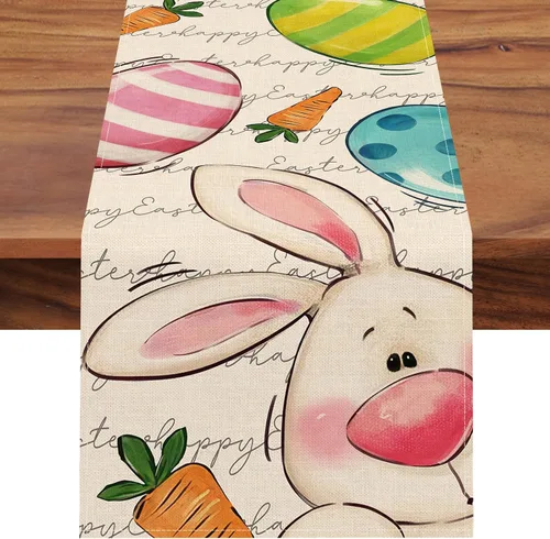 Miniatura 8 de Seliem Juego de 4 manteles individuales con diseño de conejo de Pascua, lindos huevos de conejo, zanahoria, lunares, rayas, manteles individuales