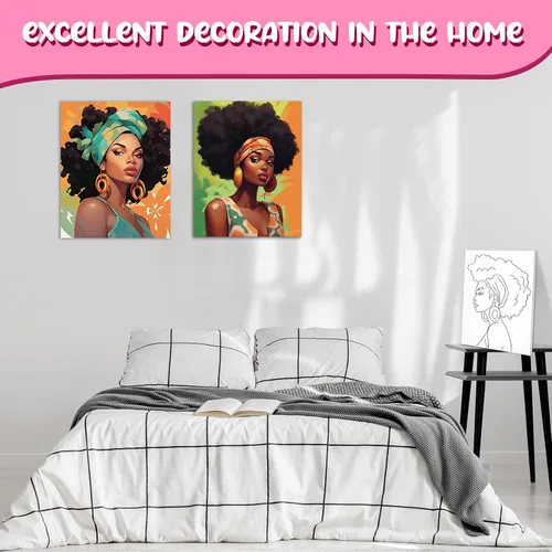 Miniatura 6 de Sherr 20 Piezas Lienzo Estirado Predibujado Arte Negro Reina Afro para Pintar para Adultos Contorno Predibujado Lienzo de Algodón Estirado