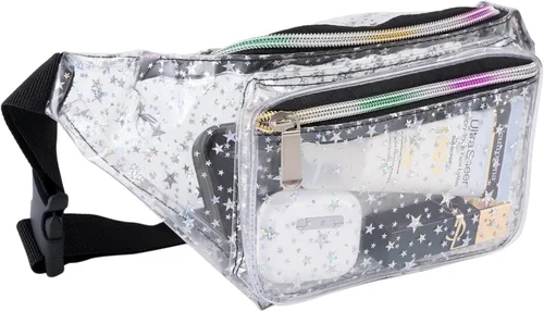 Cangurera holográfica de los años 80 y 90S con diseño de estrellas rave y grava transparente neón para mujeres, gran cangurera para juegos,