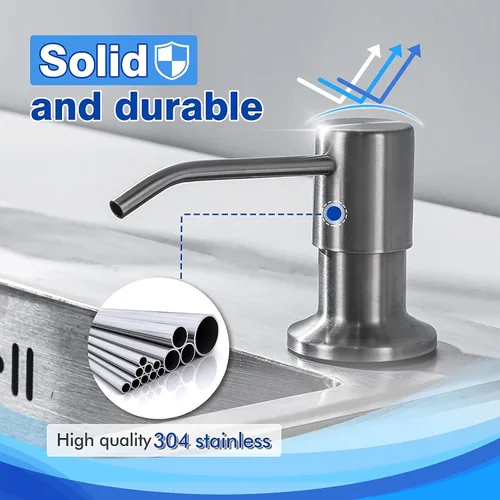 Miniatura 5 de Dispensador de jabón integrado para fregadero de cocina WEWE, acero inoxidable de níquel cepillado en dispensador de jabón de mostrador, recarga
