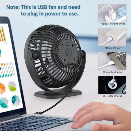 Miniatura 3 de WiHoo Ventiladores de escritorio USB pequeños y silenciosos, mini ventilador de enfriamiento de escritorio de 3 velocidades con luces LED nocturnas