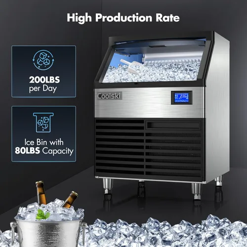 Miniatura 2 de Coolski Máquina comercial para hacer hielo de 200 libras/24 horas, máquina de hielo debajo del mostrador de 26 pulgadas con capacidad