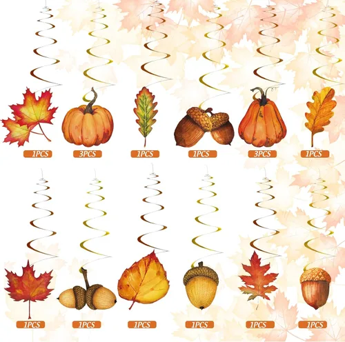 Miniatura 4 de Whaline 32 piezas de remolino colgante de otoño, calabaza, hoja de arce, piña, remolino, decoración para colgar en el techo, remolinos de fiesta