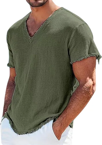 Mens Cotton Linen Short Sleeve Shirts Retro Frayed Casual V-Neck Beach Hippie Tshirts Lightweight Summer Resort Tops