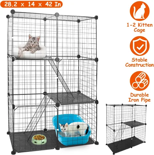 Miniatura 2 de Jaula de 3 niveles para gatos, casa de metal para interiores, casa desmontable para gatitos con 3 puertas, 2 escaleras, lugar de ejercicio