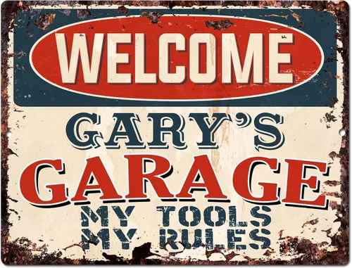 Letrero vintage retro rústico de 9 x 12 pulgadas, con texto en inglés "Welcome Gary'S Garage My Tools My Rules My Rules", decoración de cueva para