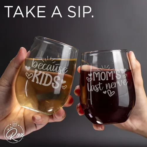 Miniatura 5 de On The Rox Drinks Regalos de vino para mamás – Juego de 2 copas de vino sin tallo de 17 onzas «Because Kids and Mom's Last Nerve», regalos 2 piezas
