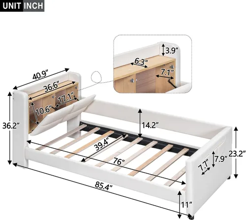 Miniatura 2 de Cama de plataforma tapizada de tamaño individual con barandilla, cabecera de almacenamiento y estribo, para niños, adolescentes y adultos, uso