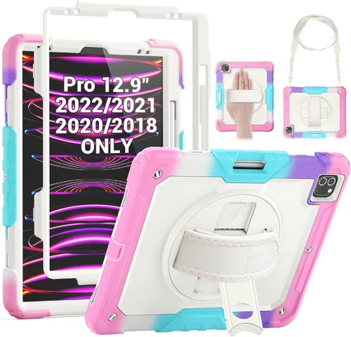 Miniatura 10 de SEYMAC Funda para iPad Pro 12.9 2022/2021/2020/2018, resistente protección a prueba de golpes con protector de pantalla, soporte giratorio de 360°