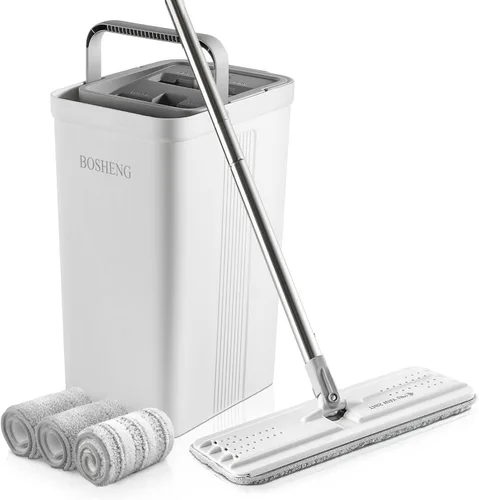 Miniatura 10 de BOSHENG Juego de trapeador y cubo, trapeadores planos para limpieza de pisos, trapeador de pared con mango extensible de 60 pulgadas, mopa de piso