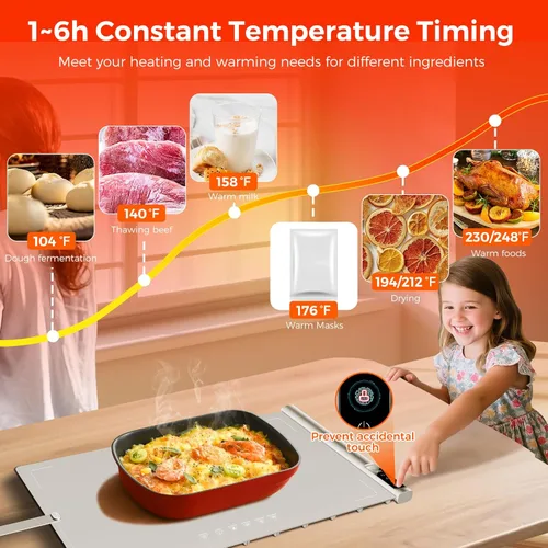 Miniatura 3 de Tapete de calentamiento de alimentos Temperatura máxima de 248 ℉, bandeja de calentamiento eléctrica con temporizador y 8 niveles ajustables