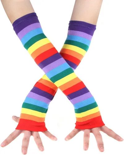 Miniatura 5 de Conjunto de calcetines de arco iris para mujer, a rayas, hasta la rodilla, calentador de brazos, guantes sin dedos