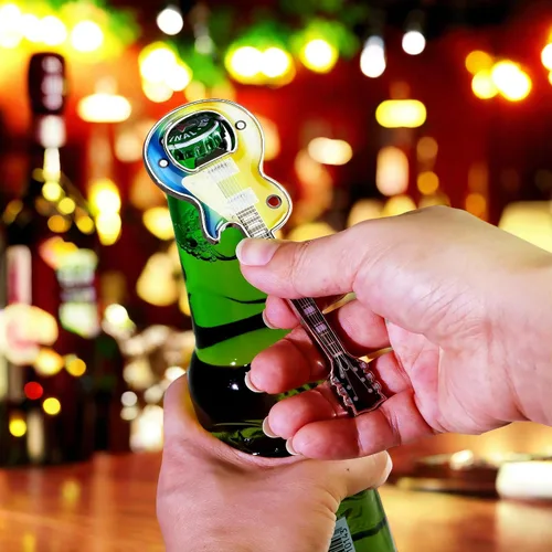 Miniatura 7 de Abrebotellas de cerveza, 2 piezas, abridor de botellas en forma de guitarra, regalo de guitarra, accesorios de cocina para bebedores, amantes