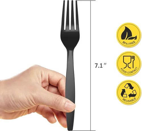 Miniatura 2 de POSATE Tenedores desechables, tenedores de plástico, paquete de 100 unidades, negro, utensilios desechables para suministros de fiesta