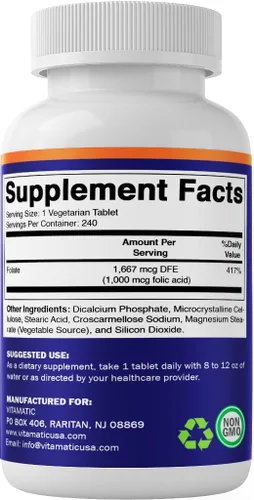 Miniatura 8 de Vitamatic Ácido fólico 1000 mcg (1 mg) - Tabletas vegetarianas - 1667 mcg DFE - Vitamina B9 (240 unidades (paquete de 1))