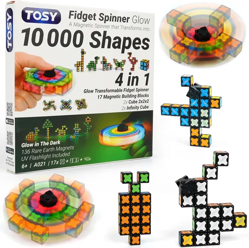 TOSY Spinner Fidget Magnético que Brilla - 16 Bloques, Juguete 3 en 1: Spinner Fidget Transformable, Cubo Infinito/Rompecabezas, Brillante, Rellenos