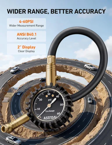 Miniatura 2 de AstroAI Medidor de presión de neumáticos para automóviles con dial grande de 2 pulgadas, latón macizo con manguera de goma, válvula de purga