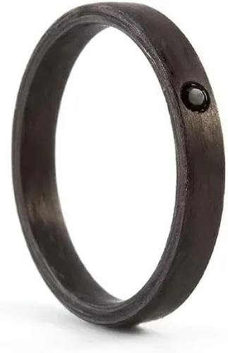 Women's carbon fiber jeweled engagement ring. Black and matte band with crystal. Water resistant and hypoallergenic. (00101_4S13)