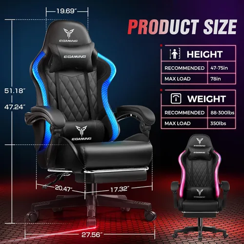 Miniatura 2 de EXRACING Silla de juegos con reposapiés ergonómica de cuero sintético con respaldo alto y luces LED RGB, reposabrazos de enlace y reposacabezas