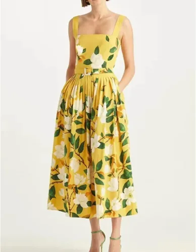Miniatura 3 de Elegamt - Vestido largo con estampado floral y flores amarillas, vestido largo midi con cinturón