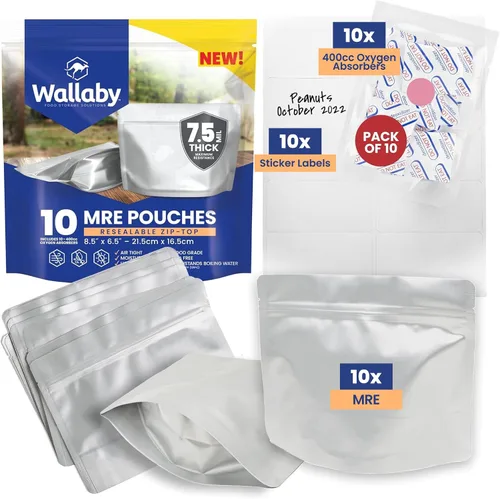 Wallaby 10 bolsas MRE de Mylar con absorbedores de oxígeno de 400cc, bolsas de almacenamiento de alimentos a largo plazo de 15 mil de grosor total,