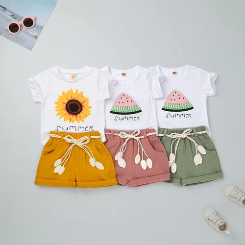 Miniatura 4 de FOCUTEBB Conjunto de ropa de verano para bebé niña, camiseta y pantalones cortos de lino con cinturón, lindo conjunto de ropa
