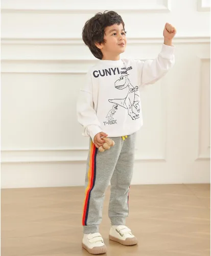 Miniatura 7 de GFQLONG Paquete de 3 pantalones deportivos elásticos con cordón para bebé, de algodón, dinosaurio, con bolsillos