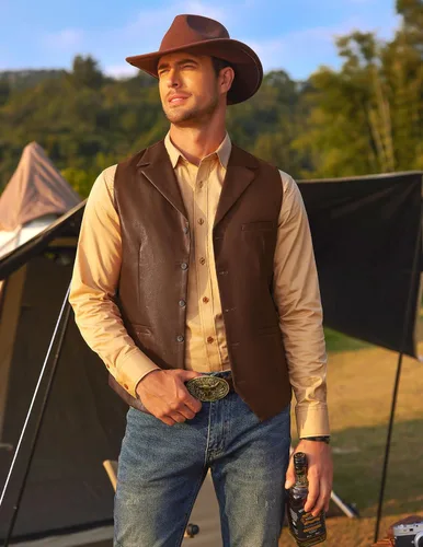 Miniatura 3 de COOFANDY Chaleco de cuero para hombre, chaleco casual occidental, chaqueta ligera con cuello en V, chaleco chaleco de traje