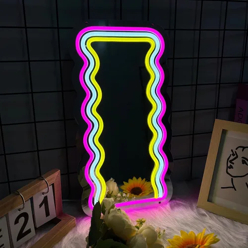 Miniatura 10 de Espejo de mariposa de anime con luces de letreros de neón para vestuario, sala de estar, dormitorio de niña, bonito espejo acrílico con atenuación