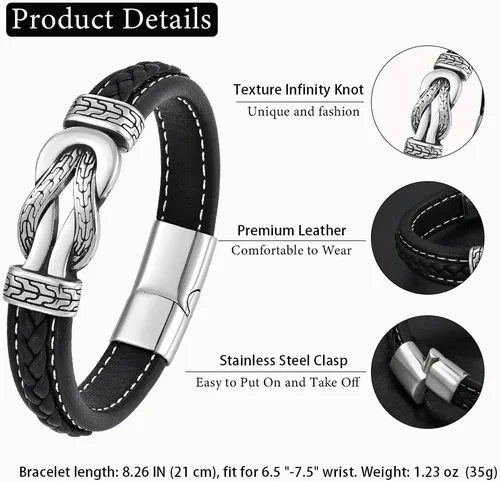 Miniatura 6 de Pulsera de cuero con nudo infinito para hombre, acero inoxidable, negromarrón, cuero genuino, trenzada, pulsera de joyería para hombres, padre