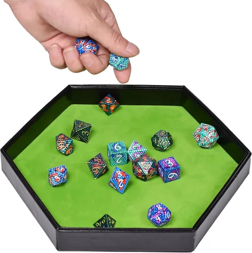 Miniatura 5 de DND - Bandeja de dados hexagonal 2 en 1, material de piel sintética, color verde, compatible con D&D, MTG, Dice Arena
