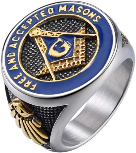 Miniatura 3 de IFUAQZ Anillo masónico de acero inoxidable para hombre con símbolo de masones de oro azul libre y aceptado, Metal, Sin piedras preciosas
