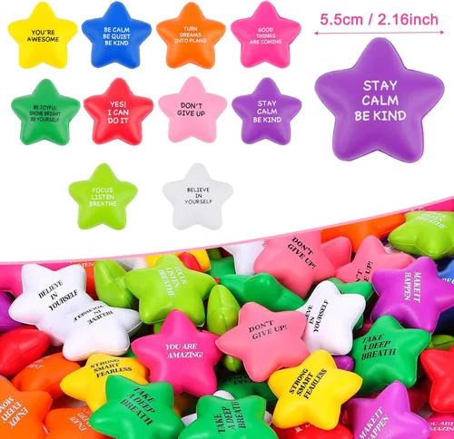 Miniatura 4 de SHQDD 100 pelotas antiestrés con forma de estrella a granel para adultos y niños - Citas motivacionales, juguetes de espuma suave para apretar