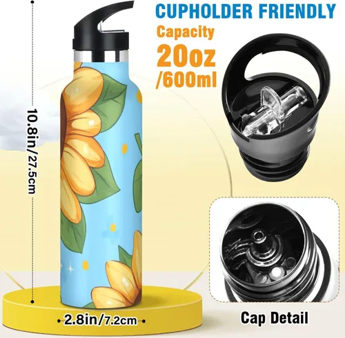 Miniatura 2 de Cartoon Fuuny Sunflower Lightweight Reusable Water Bottle Insulated with Straw Lid Double Wall Vacuum Insulated Bike Running Sports Travel Gym termo