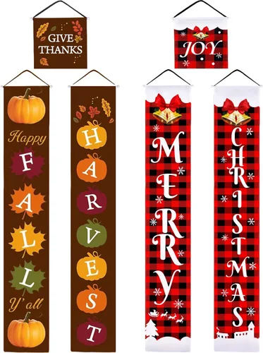 Cartel reversible de Navidad y Acción de Gracias de 3 piezas, cartel de porche de Feliz Navidad y cosecha de otoño, cartel colgante a cuadros