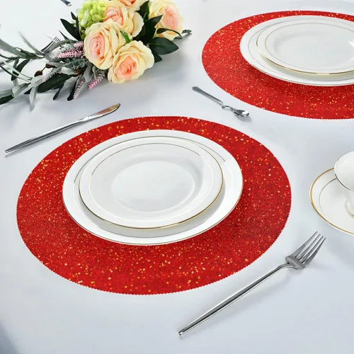 Miniatura 6 de Juego de 4 manteles individuales redondos de lentejuelas rojas con purpurina roja, juego de 4 manteles individuales de 15.4 pulgadas para cocina