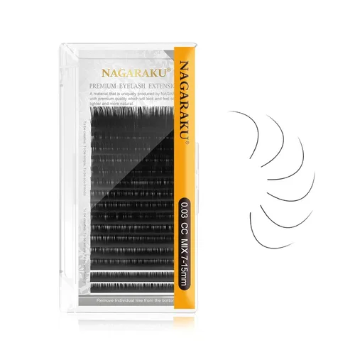 Miniatura 15 de NAGARAKU Extensiones de pestañas, pestañas individuales, 0.05mm, rizo D, 15mm, clásico, negro mate, suave, natural, profesional, 16 filas, 0.05-D